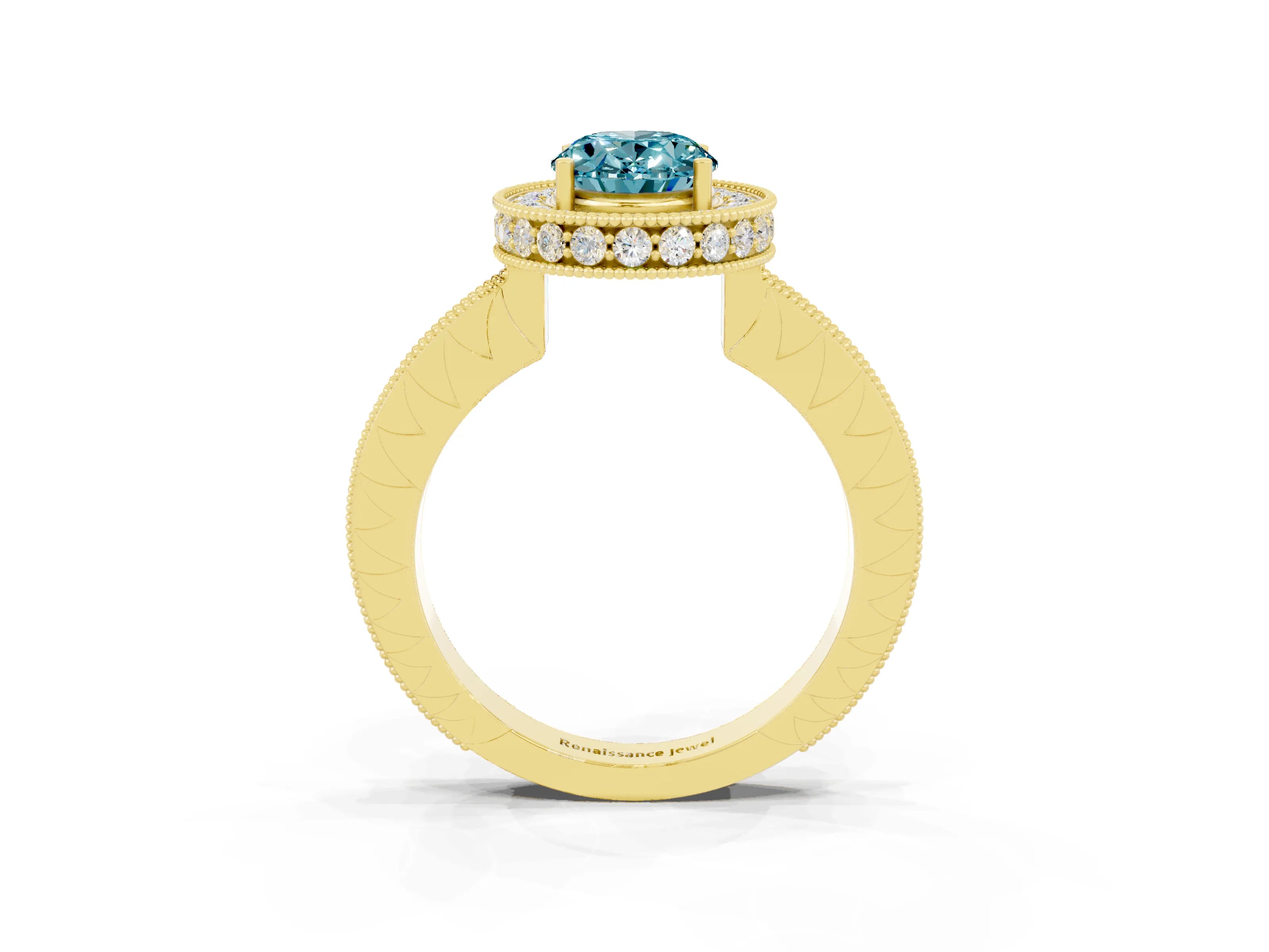 Yellow gold Oval Cut Halo Diamond Engagement Ring with Milgrain Pave Band and Four-Prong Setting_3