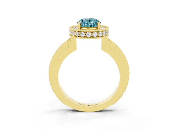 Yellow gold Oval Cut Halo Diamond Engagement Ring with Milgrain Pave Band and Four-Prong Setting