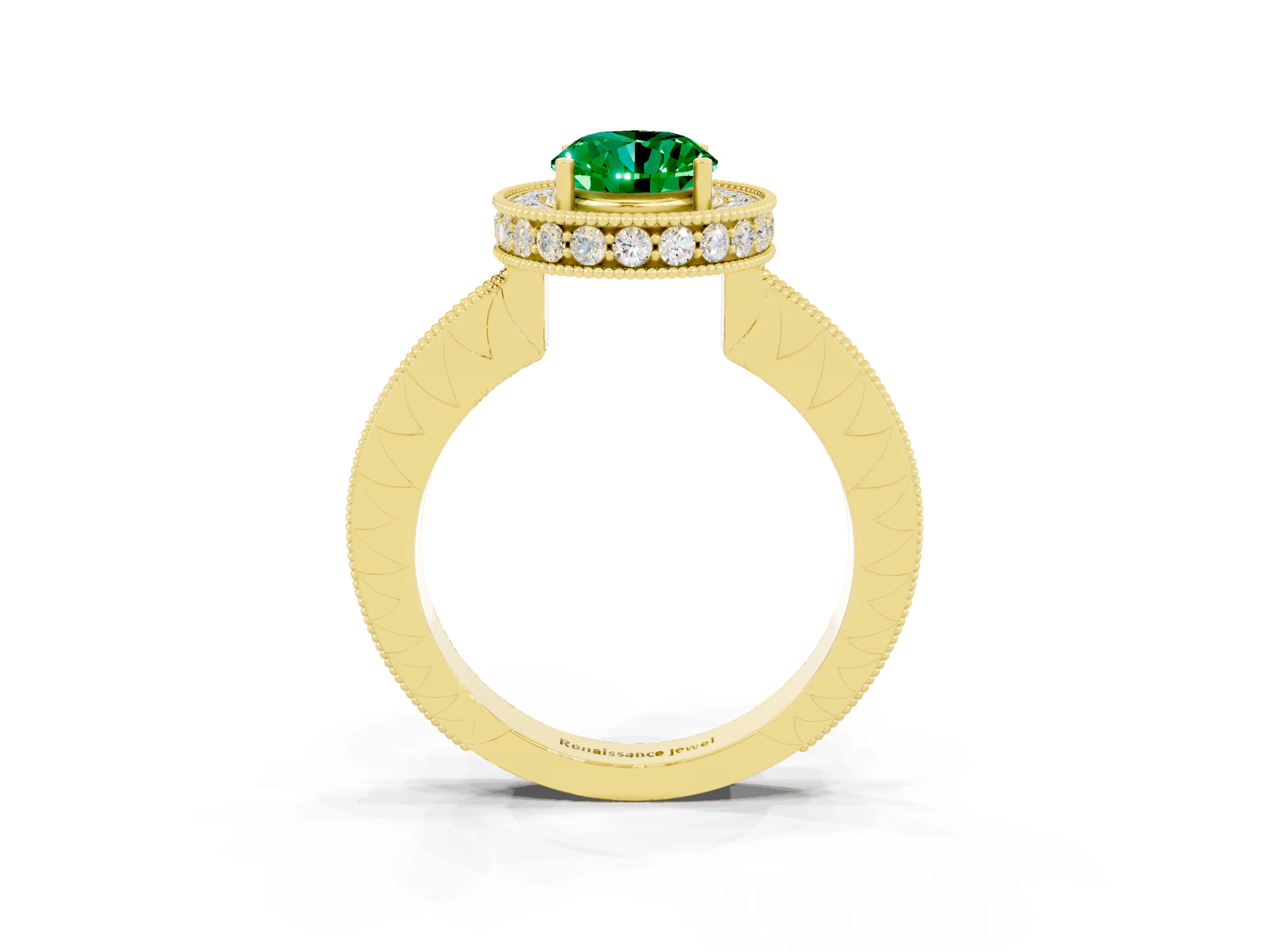 Yellow gold Oval Cut Halo Diamond Engagement Ring with Milgrain Pave Band and Four-Prong Setting_3