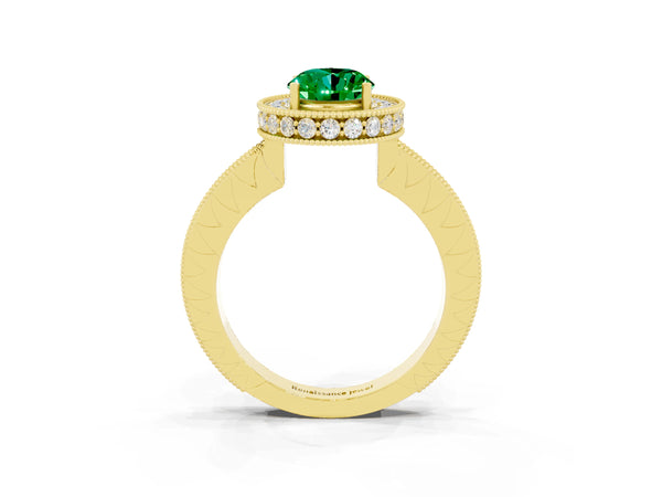 Yellow gold Oval Cut Halo Diamond Engagement Ring with Milgrain Pave Band and Four-Prong Setting