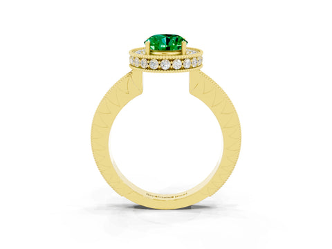 Yellow gold Oval Cut Halo Diamond Engagement Ring with Milgrain Pave Band and Four-Prong Setting_3