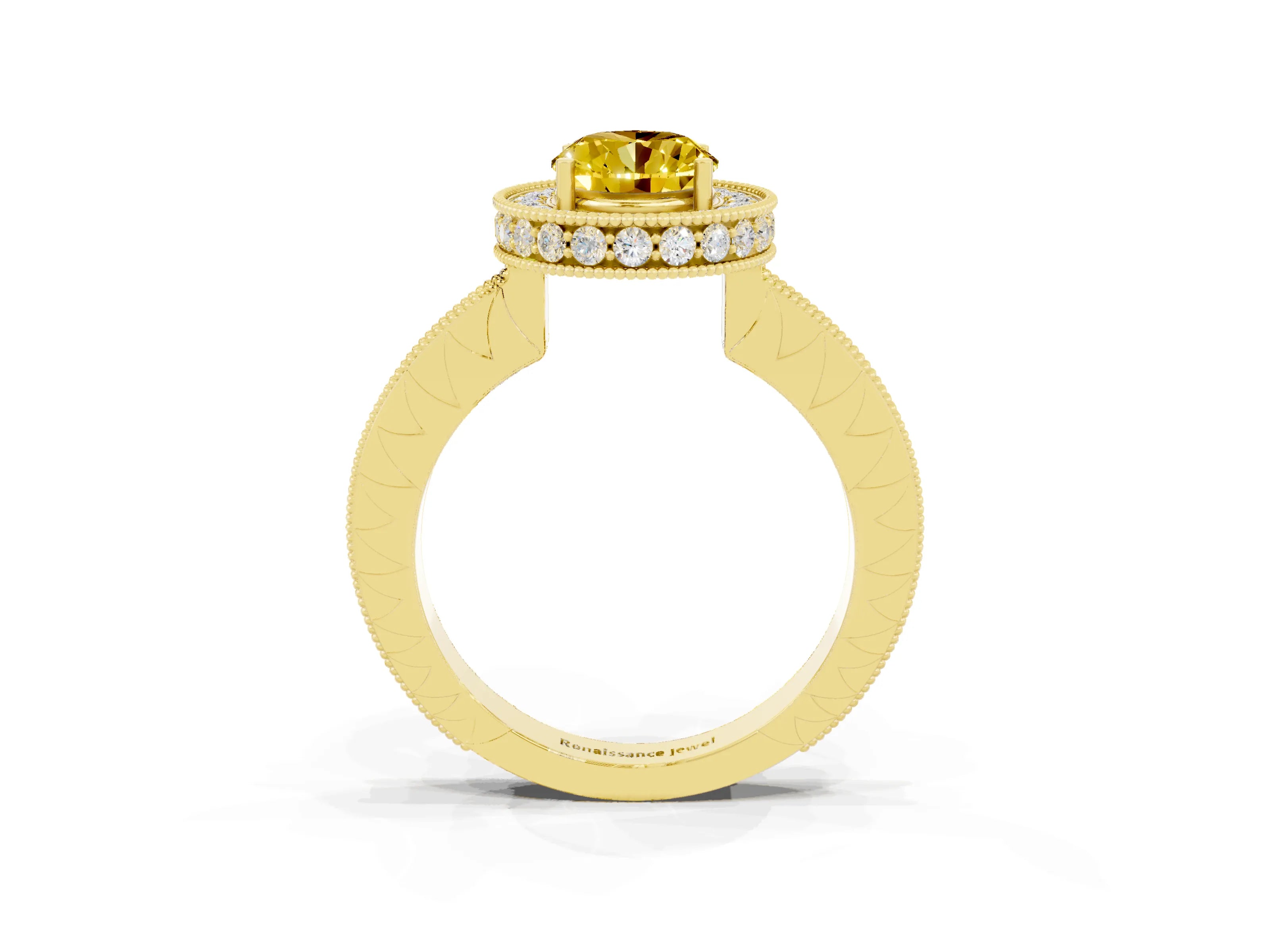 Yellow gold Oval Cut Halo Diamond Engagement Ring with Milgrain Pave Band and Four-Prong Setting_3