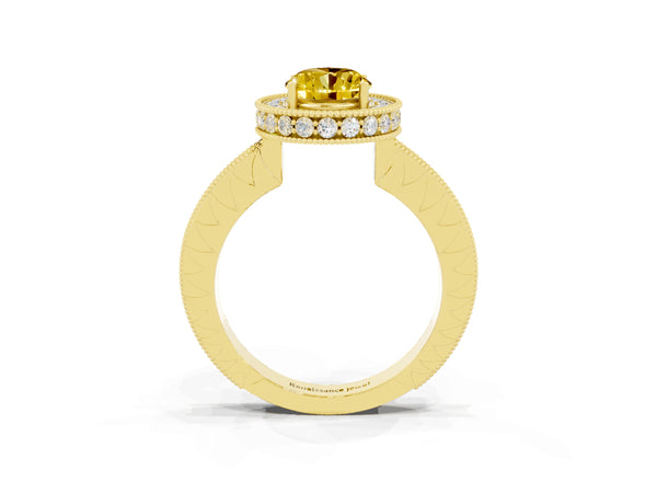 Yellow gold Oval Cut Halo Diamond Engagement Ring with Milgrain Pave Band and Four-Prong Setting