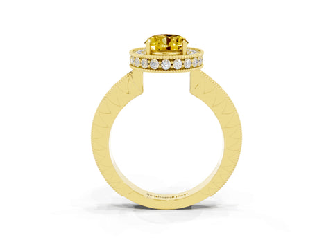Yellow gold Oval Cut Halo Diamond Engagement Ring with Milgrain Pave Band and Four-Prong Setting_3