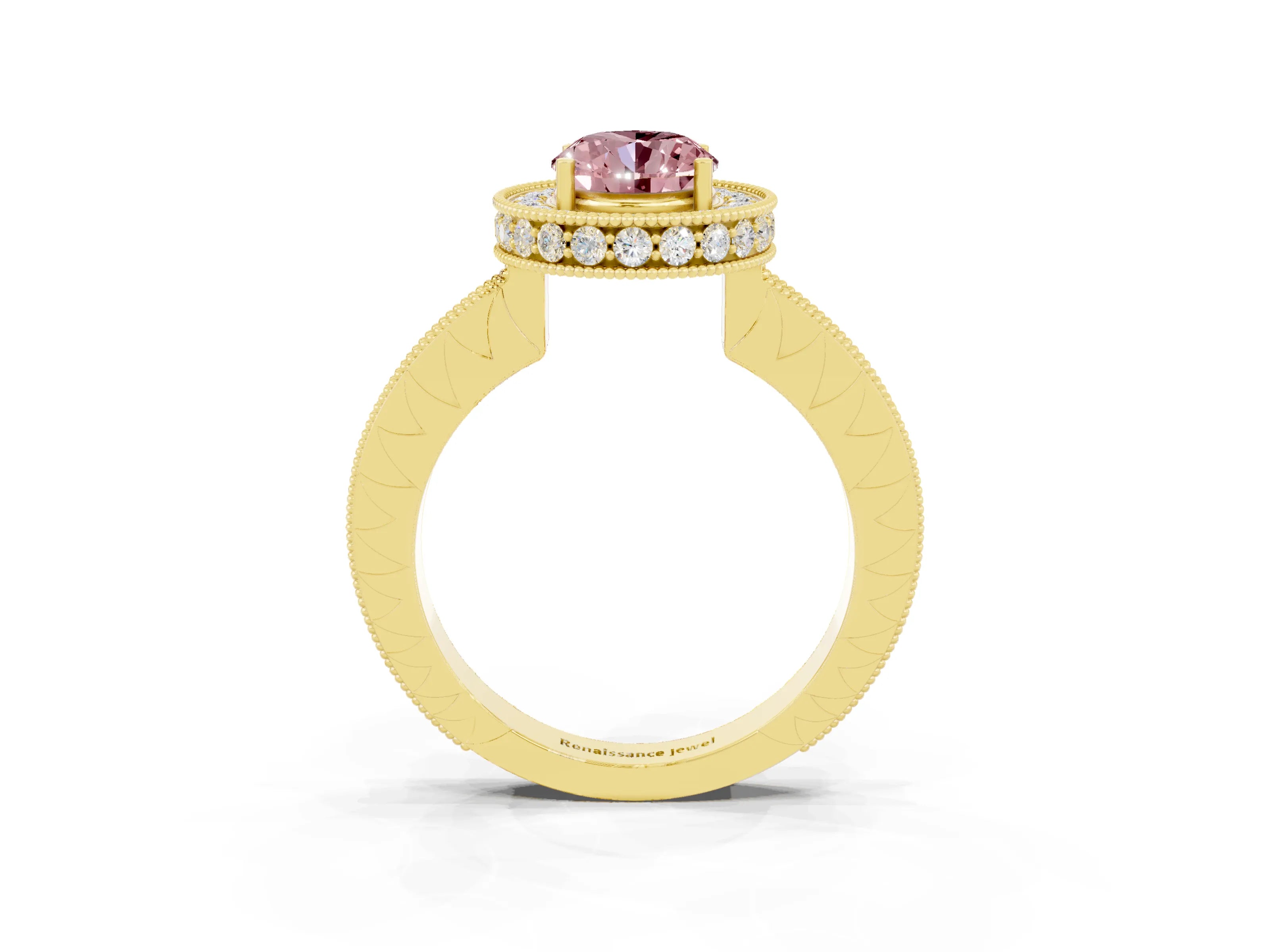 Yellow gold Oval Cut Halo Diamond Engagement Ring with Milgrain Pave Band and Four-Prong Setting_3