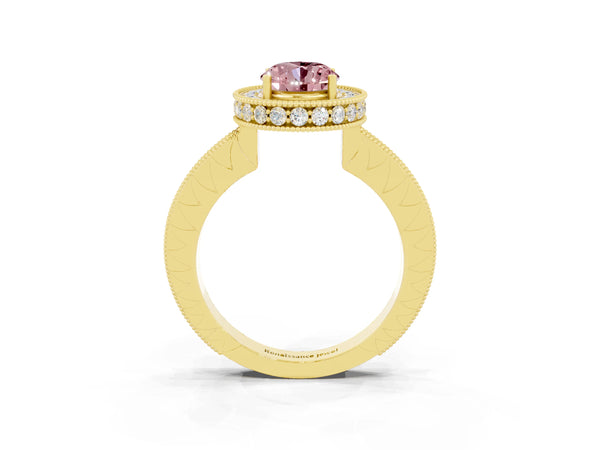 Yellow gold Oval Cut Halo Diamond Engagement Ring with Milgrain Pave Band and Four-Prong Setting