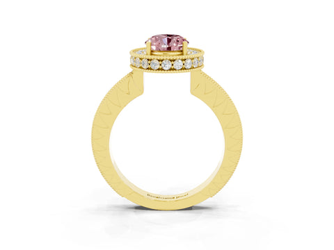 Yellow gold Oval Cut Halo Diamond Engagement Ring with Milgrain Pave Band and Four-Prong Setting_3