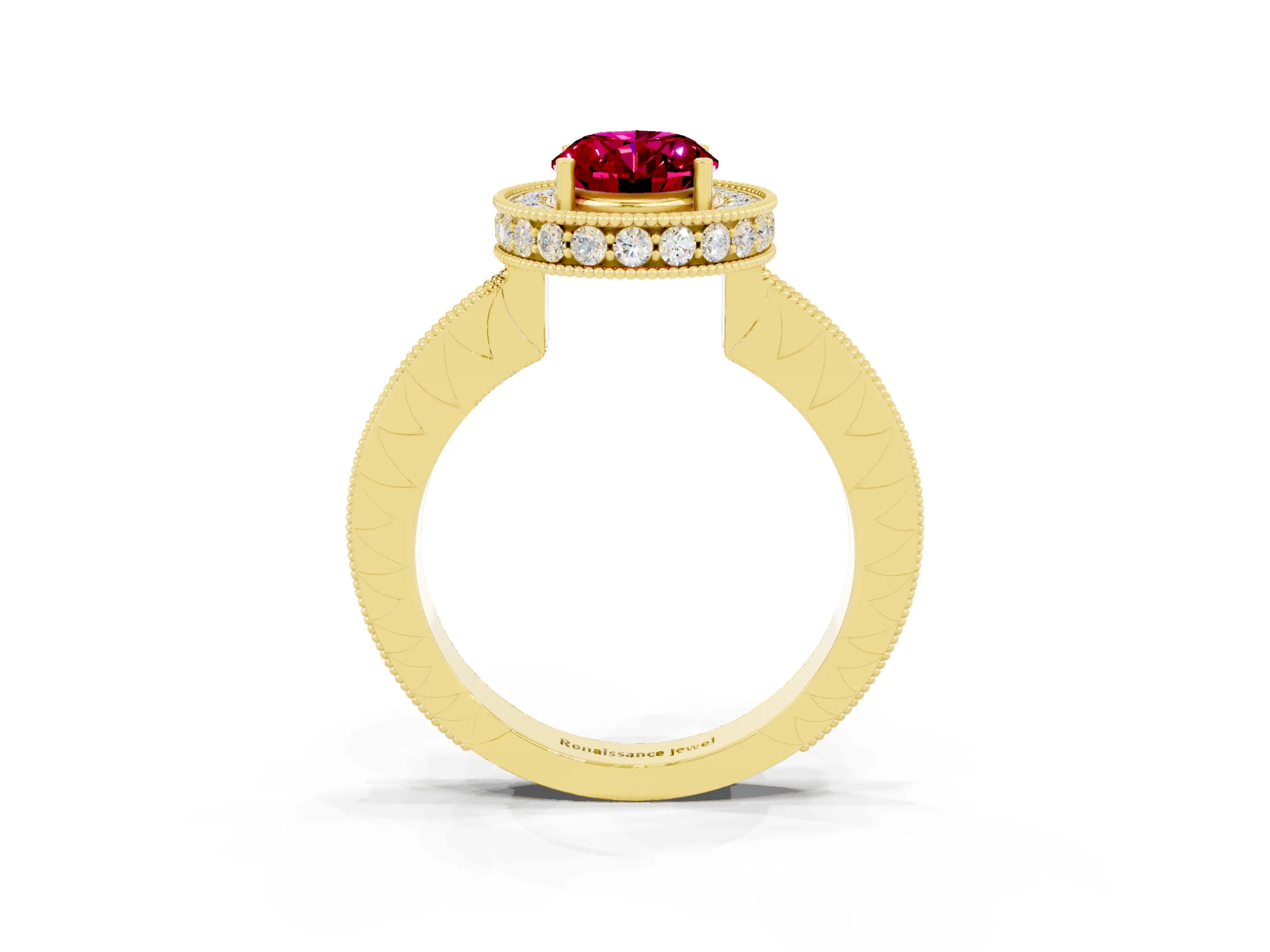 Yellow gold Oval Cut Halo Diamond Engagement Ring with Milgrain Pave Band and Four-Prong Setting_3