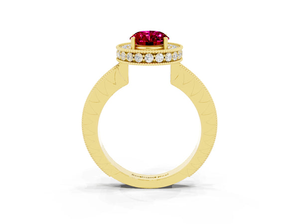 Yellow gold Oval Cut Halo Diamond Engagement Ring with Milgrain Pave Band and Four-Prong Setting