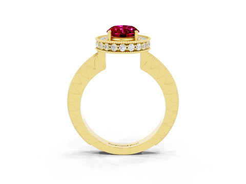 Yellow gold Oval Cut Halo Diamond Engagement Ring with Milgrain Pave Band and Four-Prong Setting_3