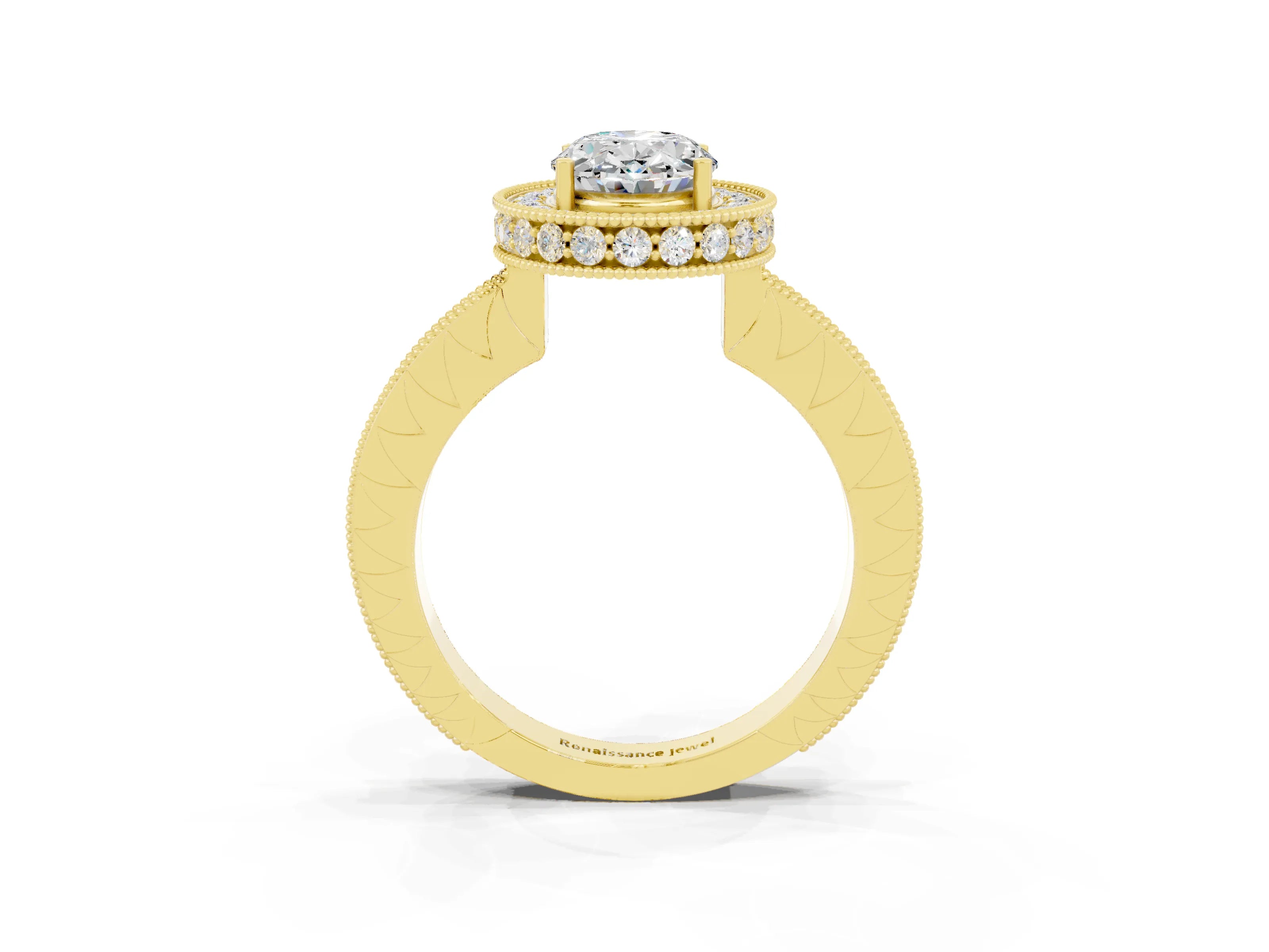 Yellow gold Oval Cut Halo Diamond Engagement Ring with Milgrain Pave Band and Four-Prong Setting_3