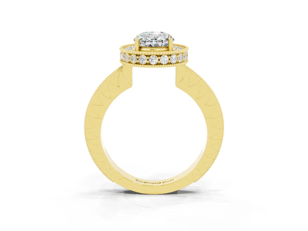 Yellow gold Oval Cut Halo Diamond Engagement Ring with Milgrain Pave Band and Four-Prong Setting