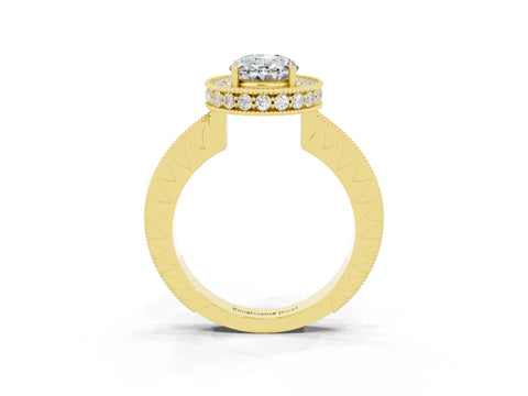 Yellow gold Oval Cut Halo Diamond Engagement Ring with Milgrain Pave Band and Four-Prong Setting_3
