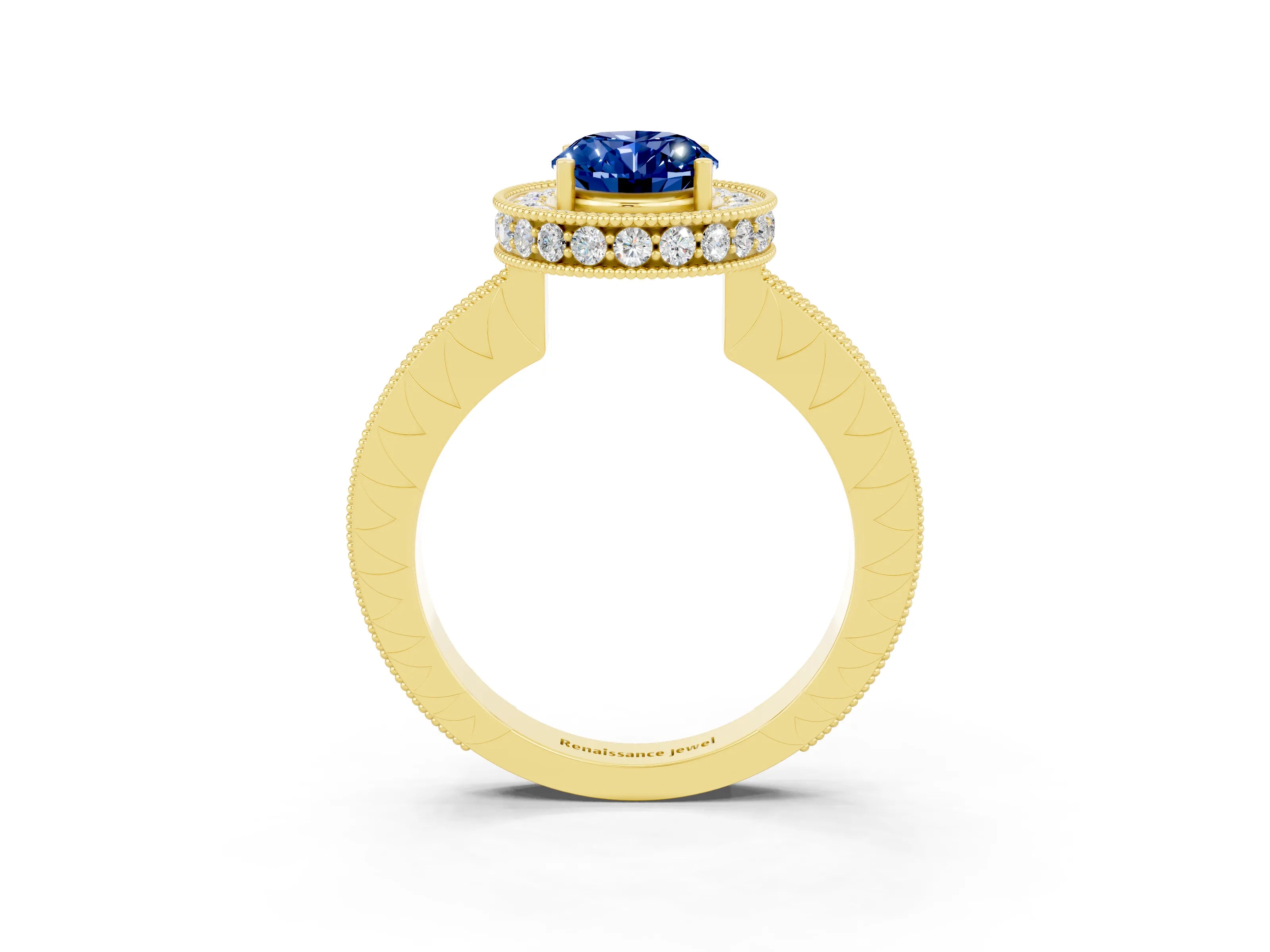 Yellow gold Oval Cut Halo Diamond Engagement Ring with Milgrain Pave Band and Four-Prong Setting_3