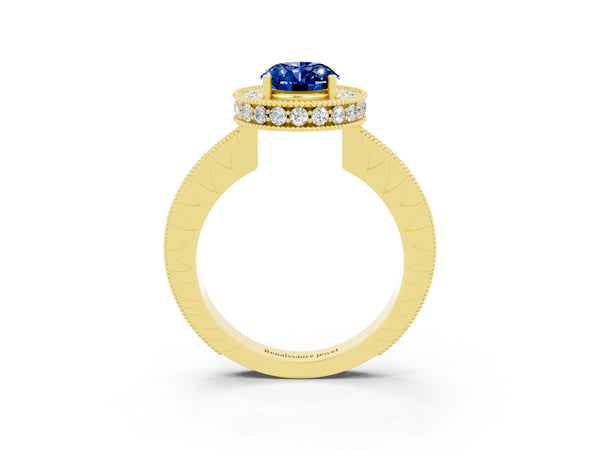 Yellow gold Oval Cut Halo Diamond Engagement Ring with Milgrain Pave Band and Four-Prong Setting