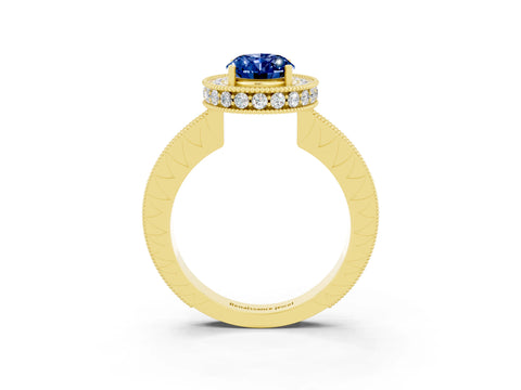 Yellow gold Oval Cut Halo Diamond Engagement Ring with Milgrain Pave Band and Four-Prong Setting_3