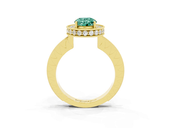 Yellow gold Oval Cut Halo Diamond Engagement Ring with Milgrain Pave Band and Four-Prong Setting
