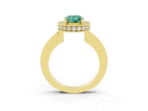 Yellow gold Oval Cut Halo Diamond Engagement Ring with Milgrain Pave Band and Four-Prong Setting_3
