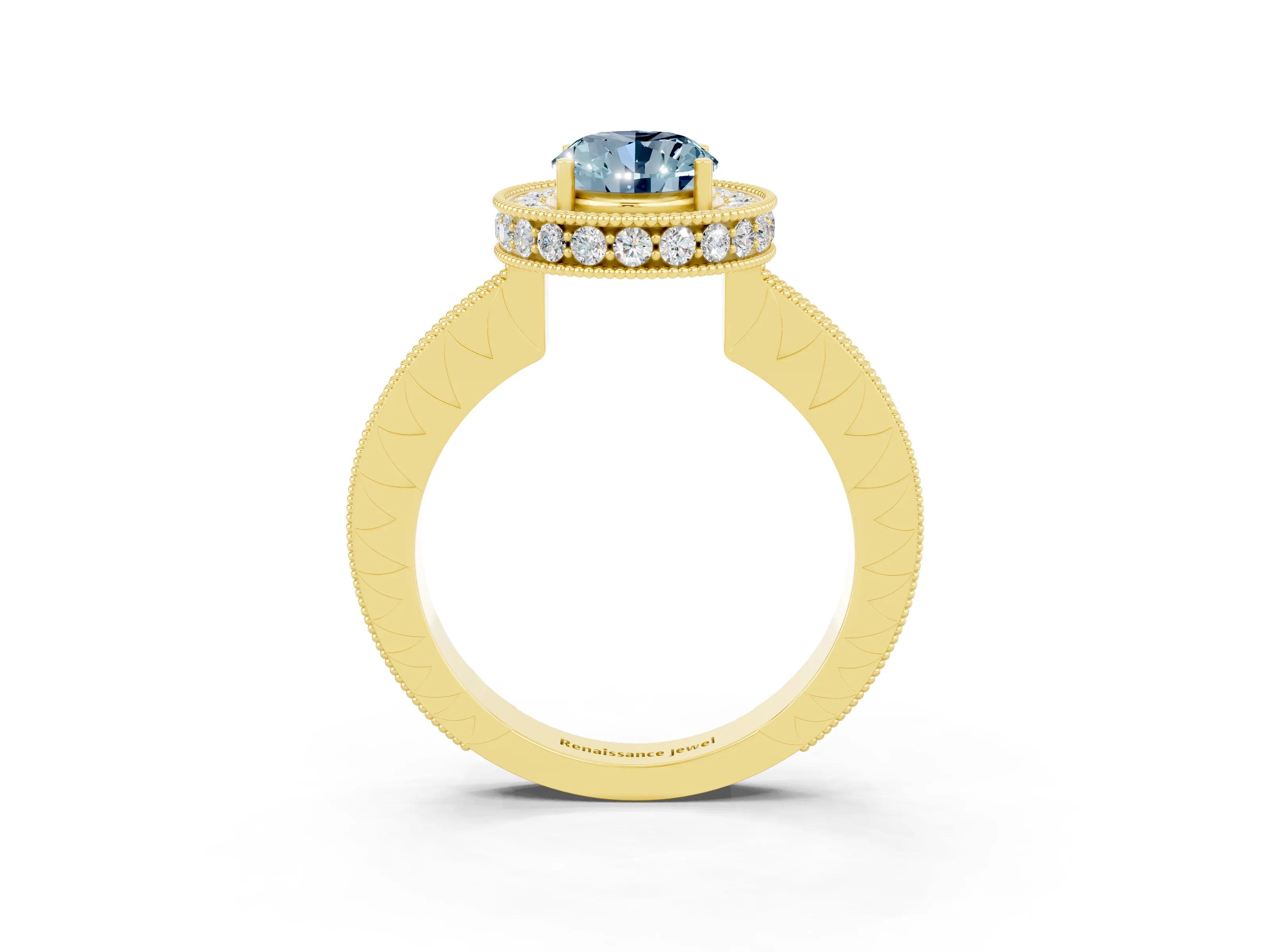 Yellow gold Oval Cut Halo Diamond Engagement Ring with Milgrain Pave Band and Four-Prong Setting_3