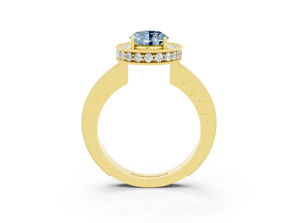 Yellow gold Oval Cut Halo Diamond Engagement Ring with Milgrain Pave Band and Four-Prong Setting