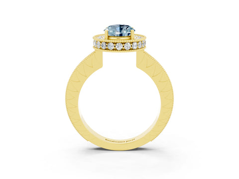 Yellow gold Oval Cut Halo Diamond Engagement Ring with Milgrain Pave Band and Four-Prong Setting_3