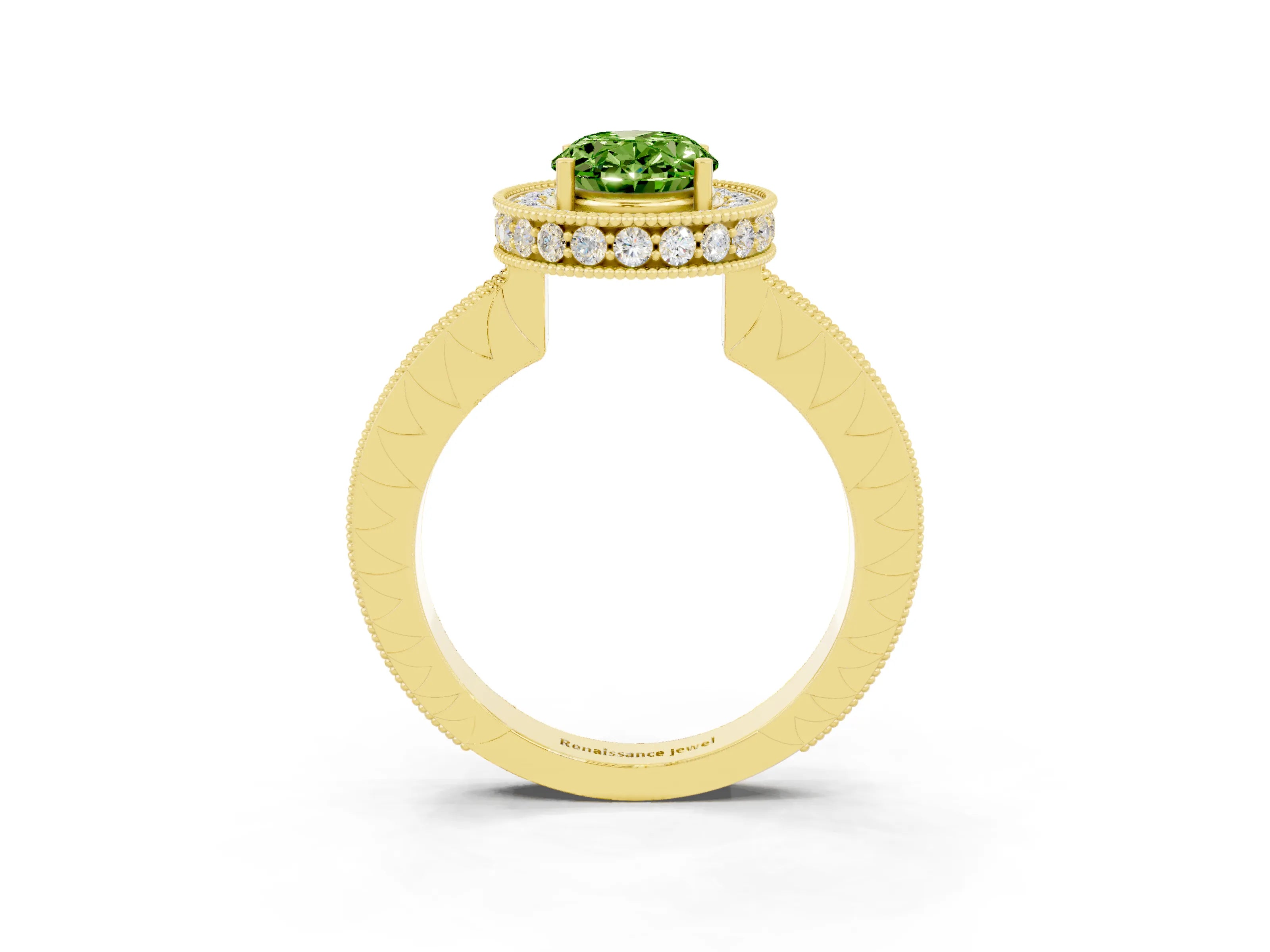 Yellow gold Oval Cut Halo Diamond Engagement Ring with Milgrain Pave Band and Four-Prong Setting_3