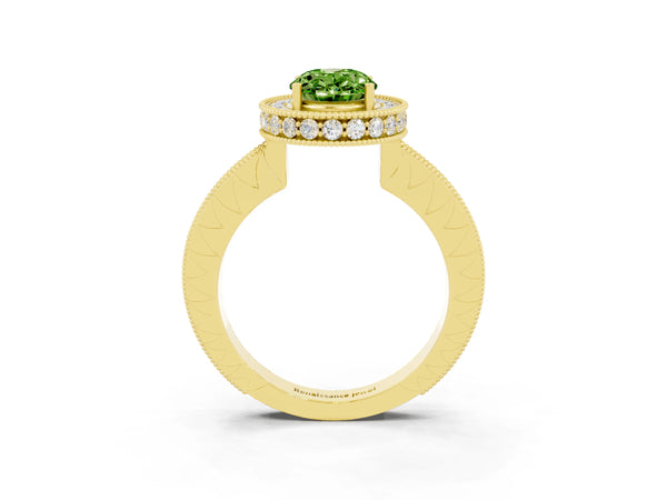 Yellow gold Oval Cut Halo Diamond Engagement Ring with Milgrain Pave Band and Four-Prong Setting