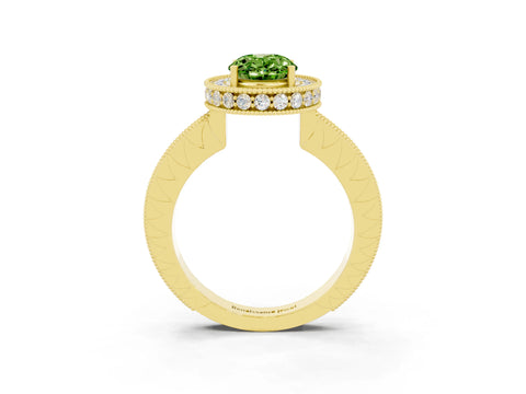 Yellow gold Oval Cut Halo Diamond Engagement Ring with Milgrain Pave Band and Four-Prong Setting_3