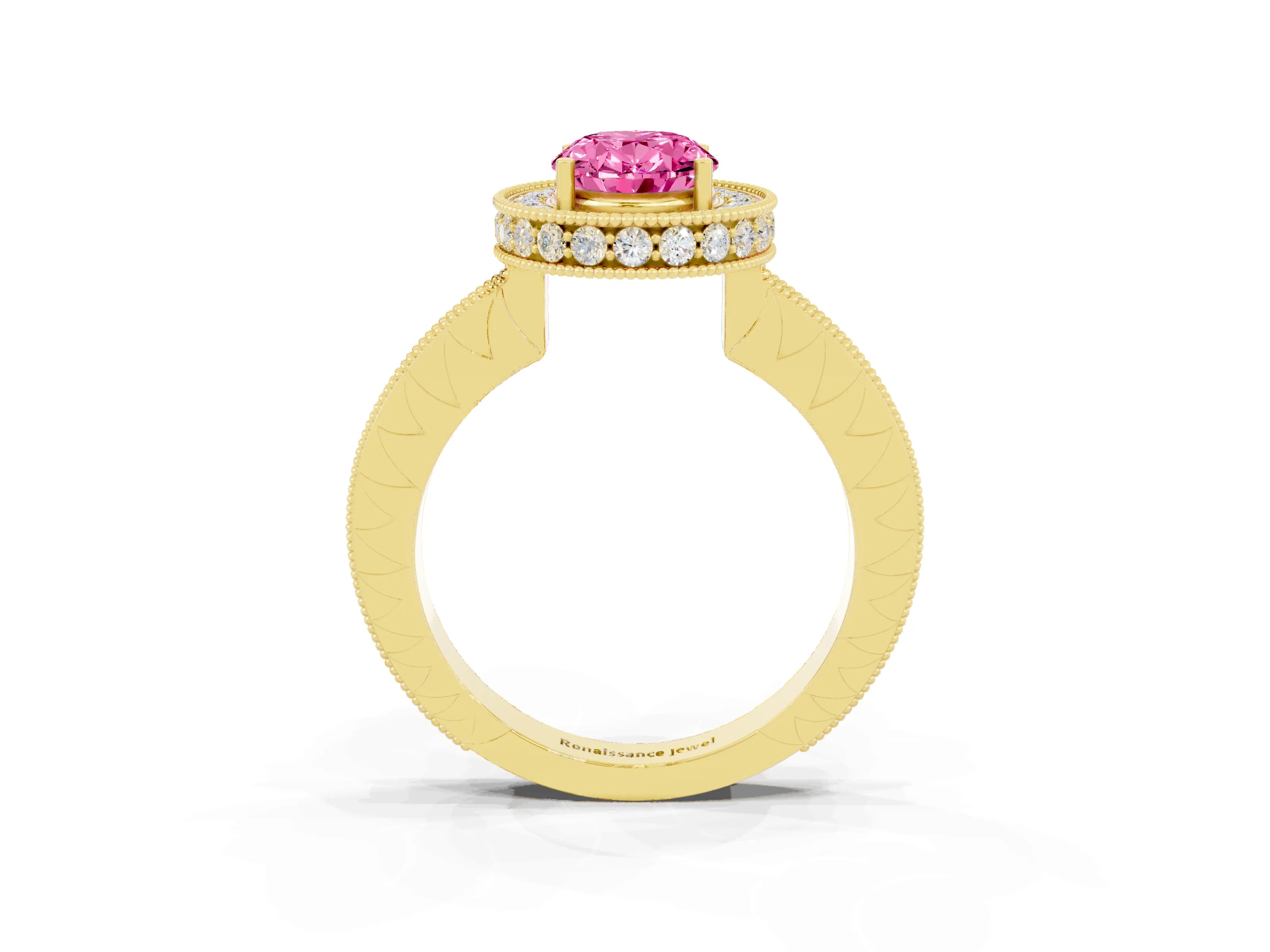 Yellow gold Oval Cut Halo Diamond Engagement Ring with Milgrain Pave Band and Four-Prong Setting_3