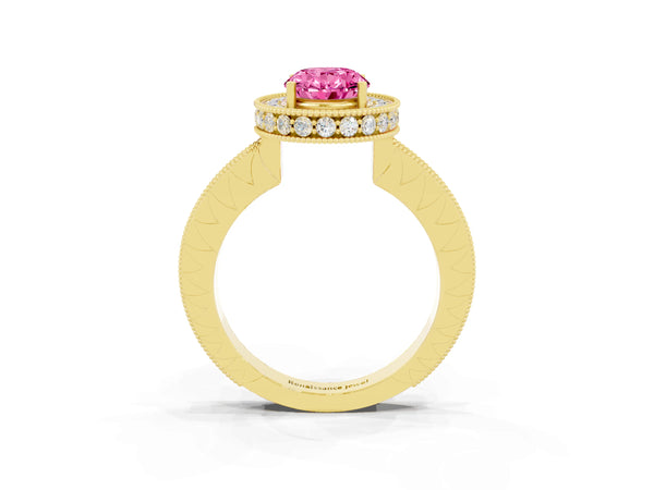 Yellow gold Oval Cut Halo Diamond Engagement Ring with Milgrain Pave Band and Four-Prong Setting