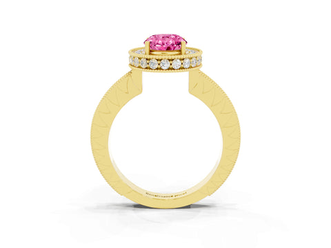 Yellow gold Oval Cut Halo Diamond Engagement Ring with Milgrain Pave Band and Four-Prong Setting_3