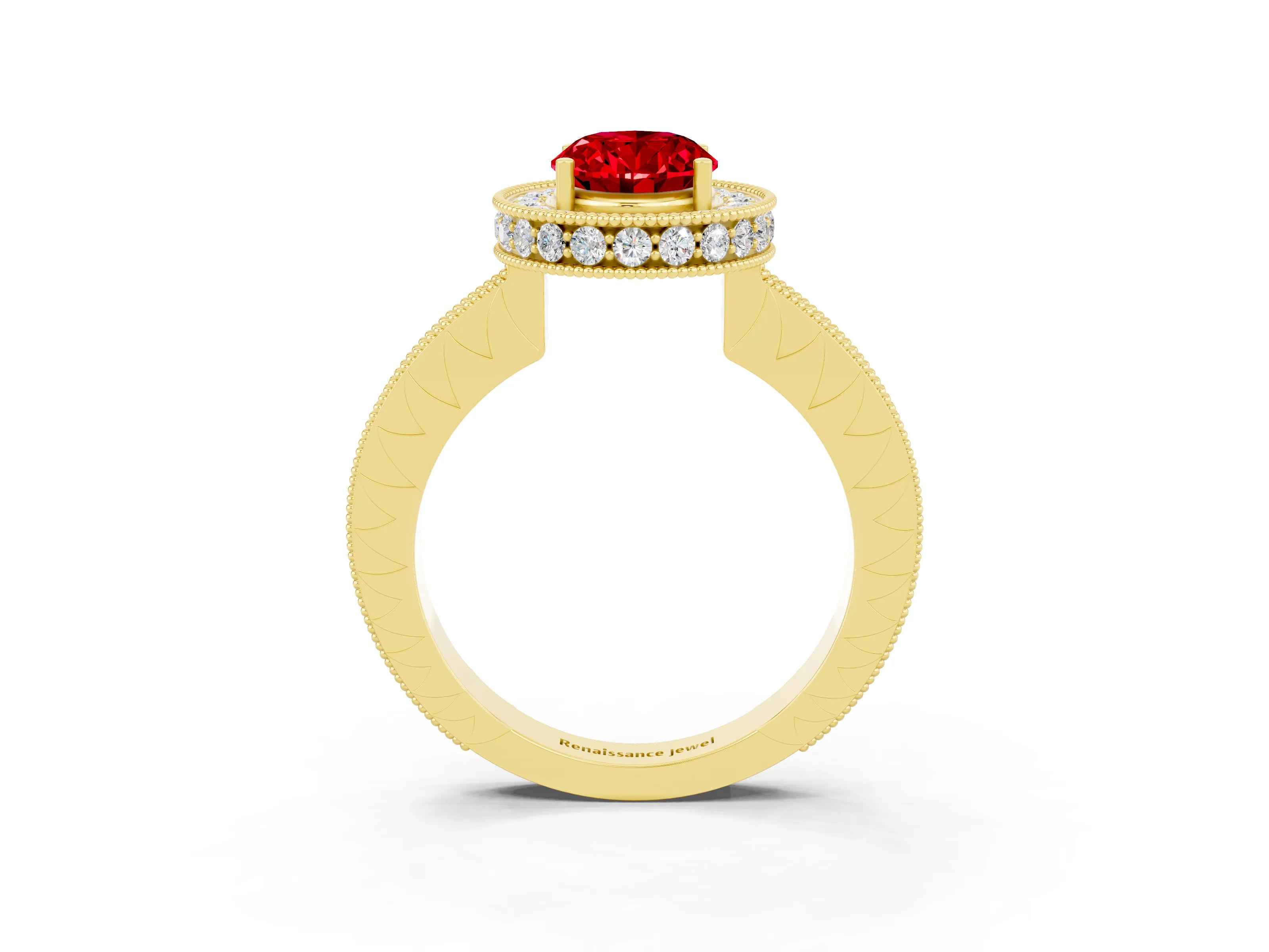 Yellow gold Oval Cut Halo Diamond Engagement Ring with Milgrain Pave Band and Four-Prong Setting_3