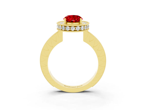 Yellow gold Oval Cut Halo Diamond Engagement Ring with Milgrain Pave Band and Four-Prong Setting