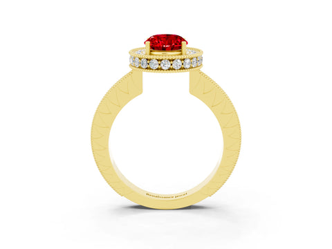 Yellow gold Oval Cut Halo Diamond Engagement Ring with Milgrain Pave Band and Four-Prong Setting_3
