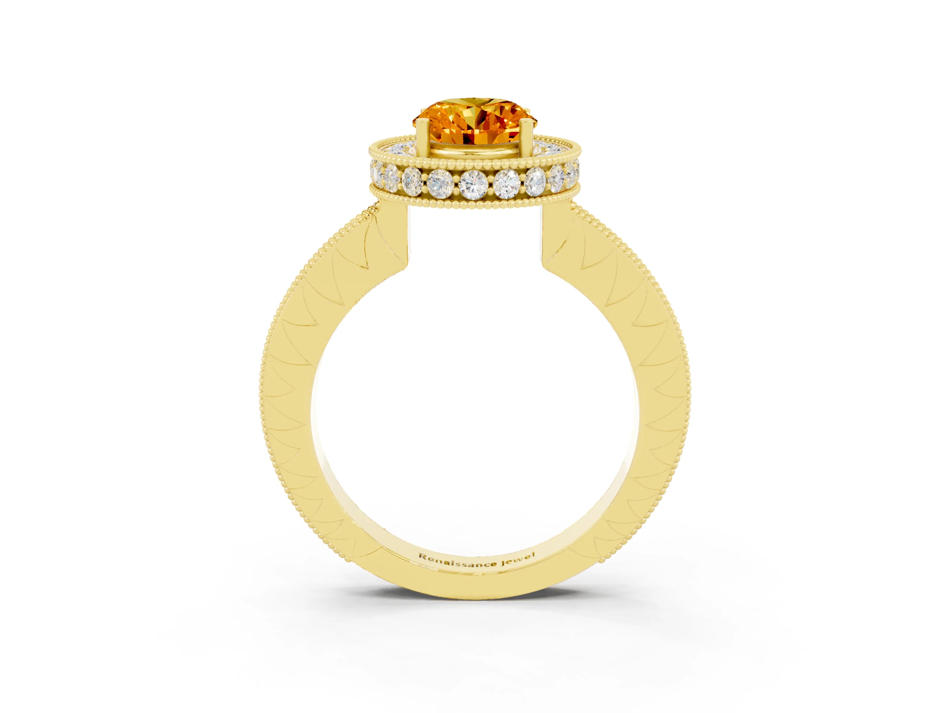 Yellow gold Oval Cut Halo Diamond Engagement Ring with Milgrain Pave Band and Four-Prong Setting_3