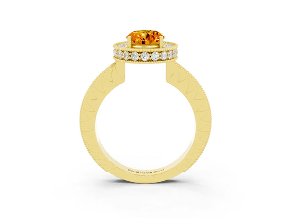 Yellow gold Oval Cut Halo Diamond Engagement Ring with Milgrain Pave Band and Four-Prong Setting