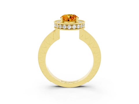 Yellow gold Oval Cut Halo Diamond Engagement Ring with Milgrain Pave Band and Four-Prong Setting_3