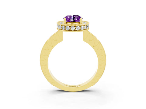 Yellow gold Oval Cut Halo Diamond Engagement Ring with Milgrain Pave Band and Four-Prong Setting_3