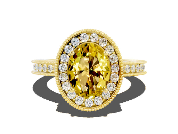 Yellow gold Oval Cut Halo Diamond Engagement Ring with Milgrain Pave Band and Four-Prong Setting