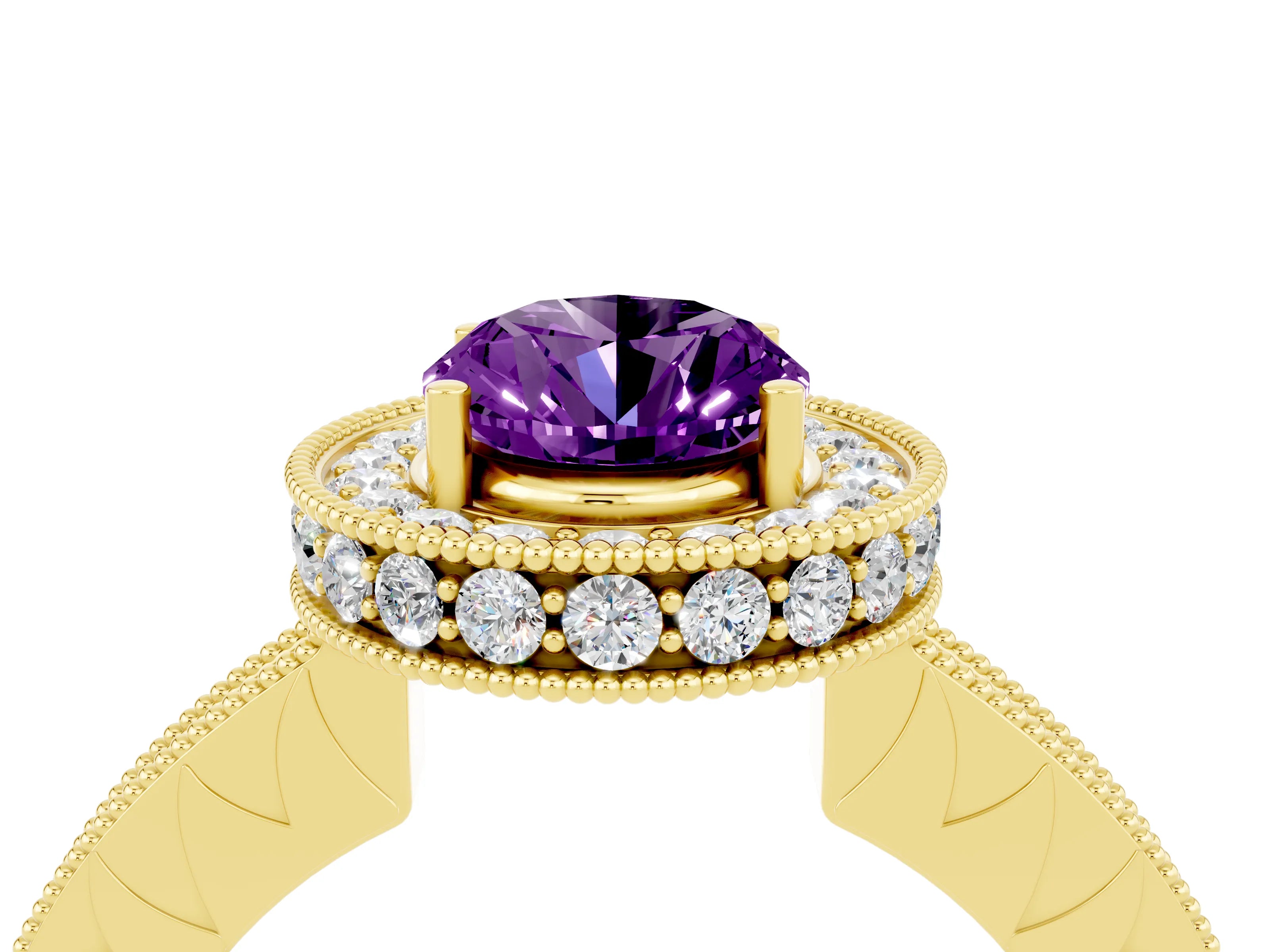 Yellow gold Oval Cut Halo Diamond Engagement Ring with Milgrain Pave Band and Four-Prong Setting_4