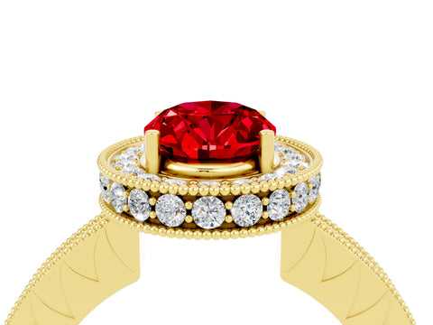 Yellow gold Oval Cut Halo Diamond Engagement Ring with Milgrain Pave Band and Four-Prong Setting_4
