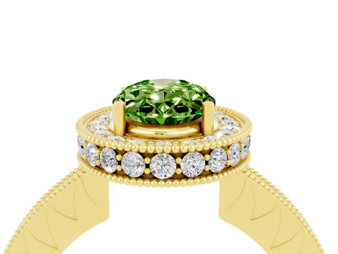 Yellow gold Oval Cut Halo Diamond Engagement Ring with Milgrain Pave Band and Four-Prong Setting_4