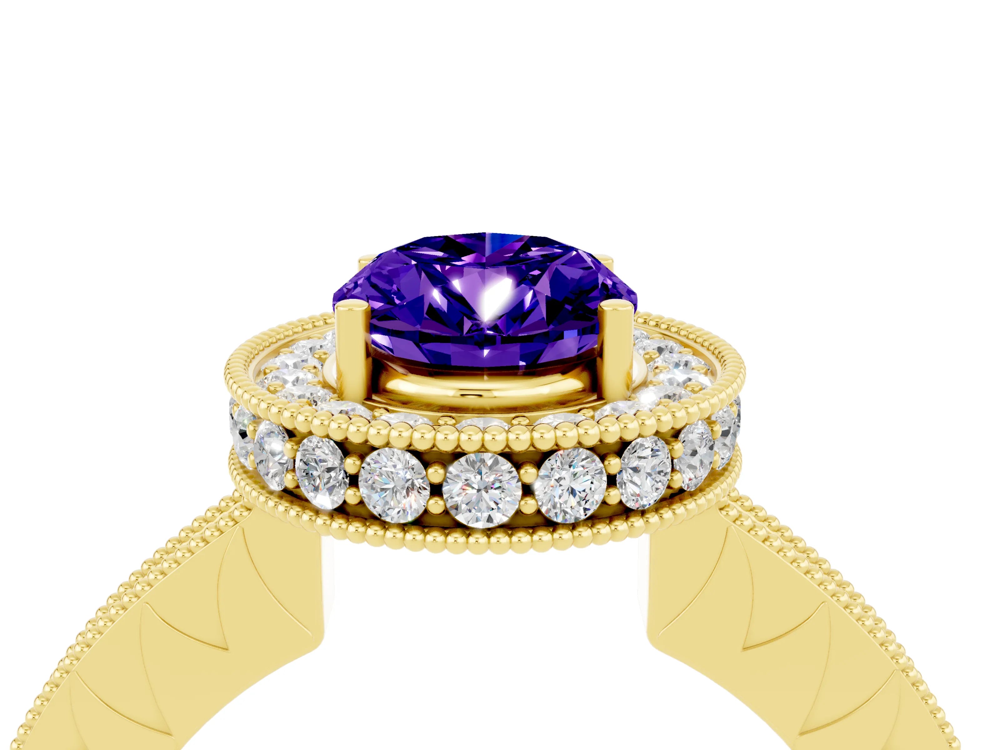 Yellow gold Oval Cut Halo Diamond Engagement Ring with Milgrain Pave Band and Four-Prong Setting_4