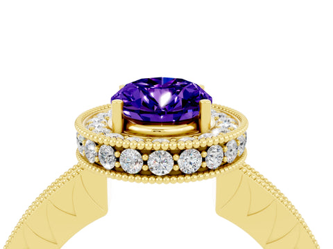Yellow gold Oval Cut Halo Diamond Engagement Ring with Milgrain Pave Band and Four-Prong Setting_4