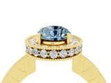 Yellow gold Oval Cut Halo Diamond Engagement Ring with Milgrain Pave Band and Four-Prong Setting_4