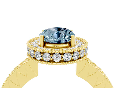 Yellow gold Oval Cut Halo Diamond Engagement Ring with Milgrain Pave Band and Four-Prong Setting_4
