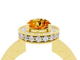 Yellow gold Oval Cut Halo Diamond Engagement Ring with Milgrain Pave Band and Four-Prong Setting_4