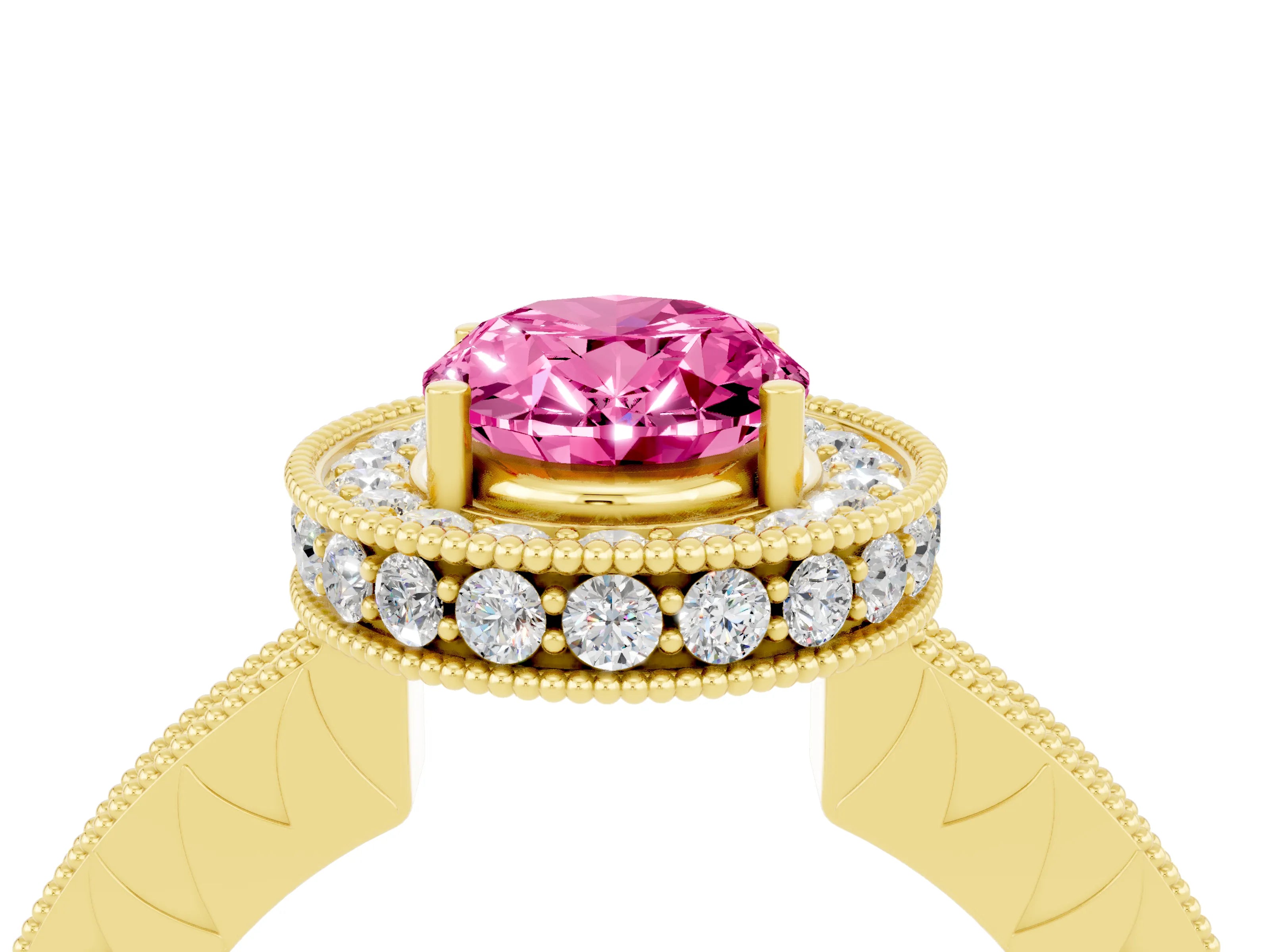 Yellow gold Oval Cut Halo Diamond Engagement Ring with Milgrain Pave Band and Four-Prong Setting_4