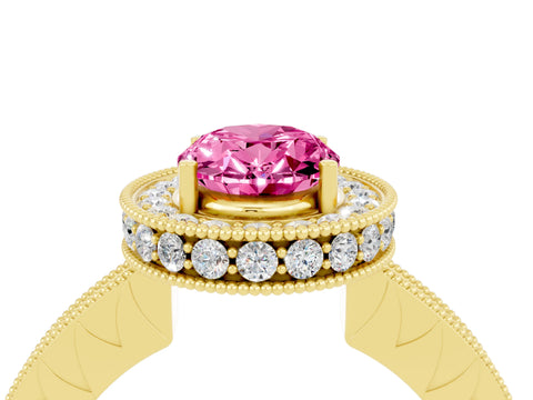 Yellow gold Oval Cut Halo Diamond Engagement Ring with Milgrain Pave Band and Four-Prong Setting_4