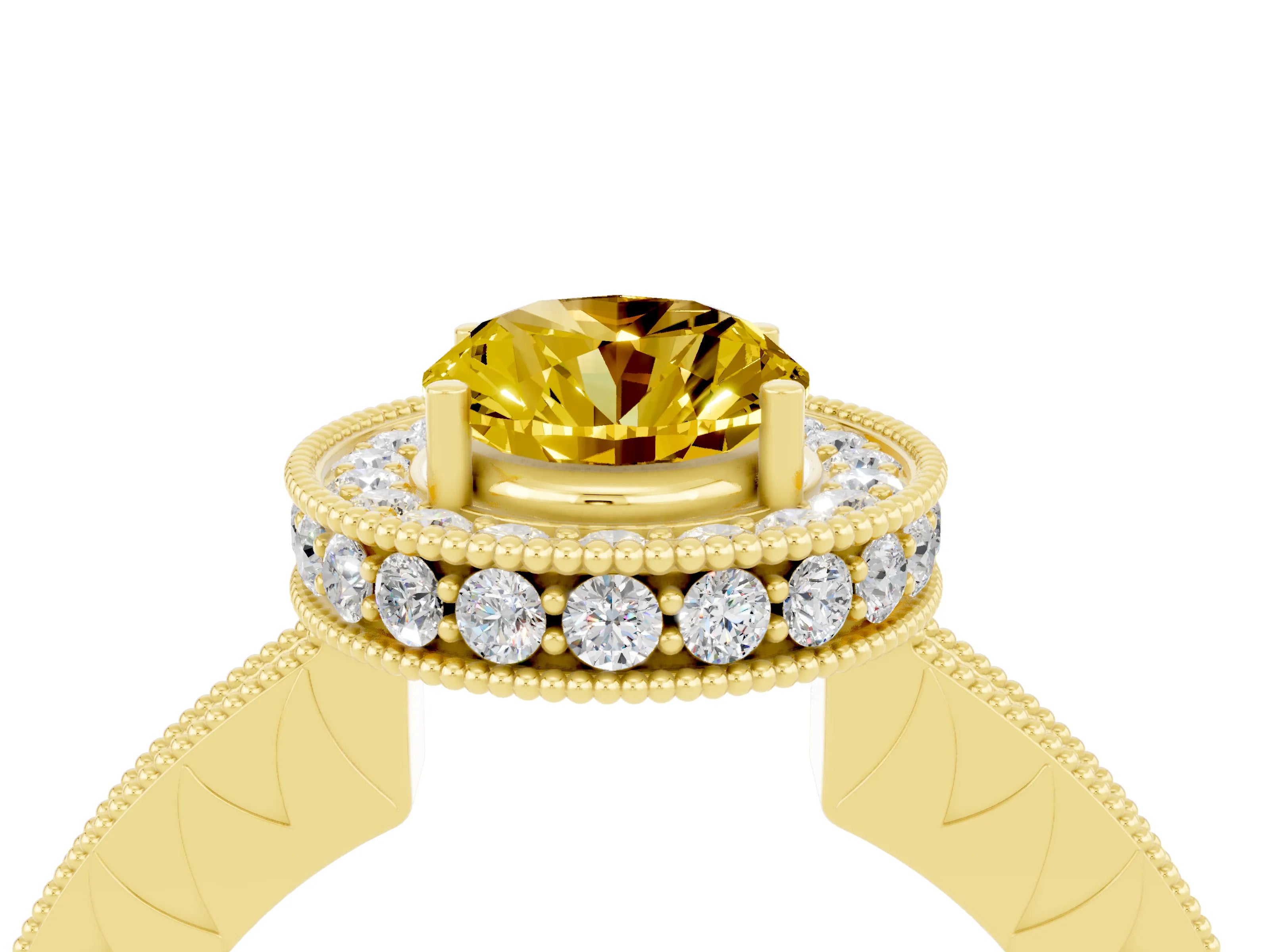 Yellow gold Oval Cut Halo Diamond Engagement Ring with Milgrain Pave Band and Four-Prong Setting_4